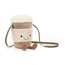 Plush crossbody bag designed like a hot chocolate cup with a smiley face on a white background