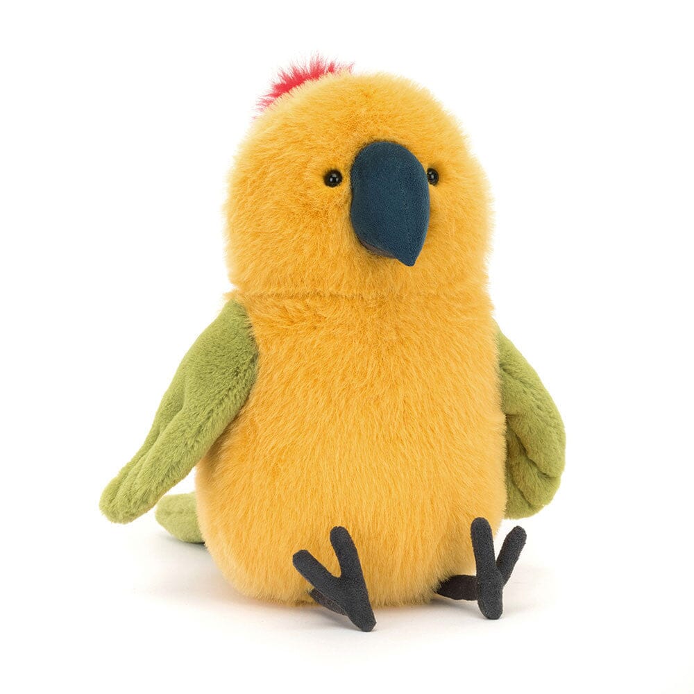 Plush parrot toy with yellow body, green wings, and red crest on a white background