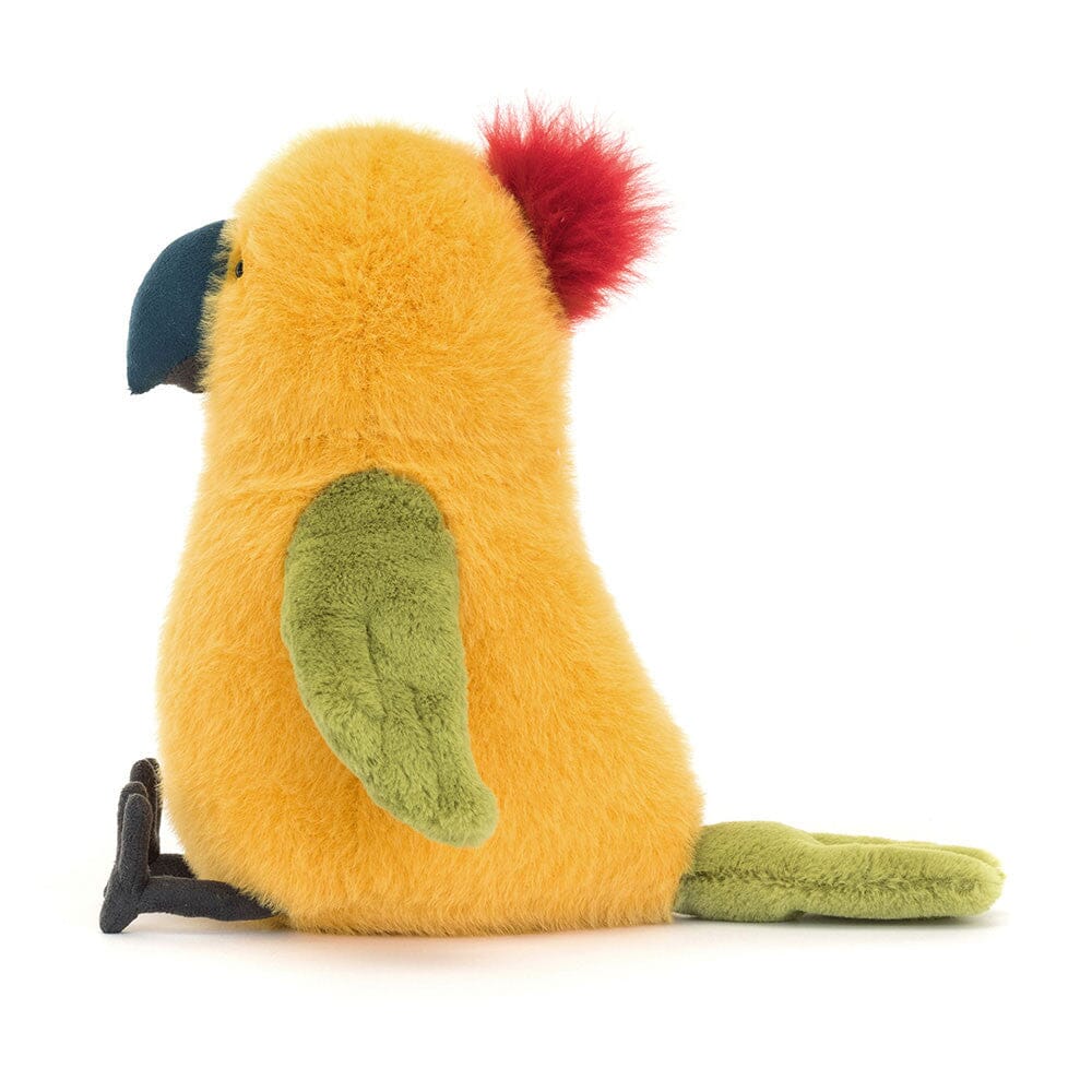 Plush parrot toy with a red crest on a white background