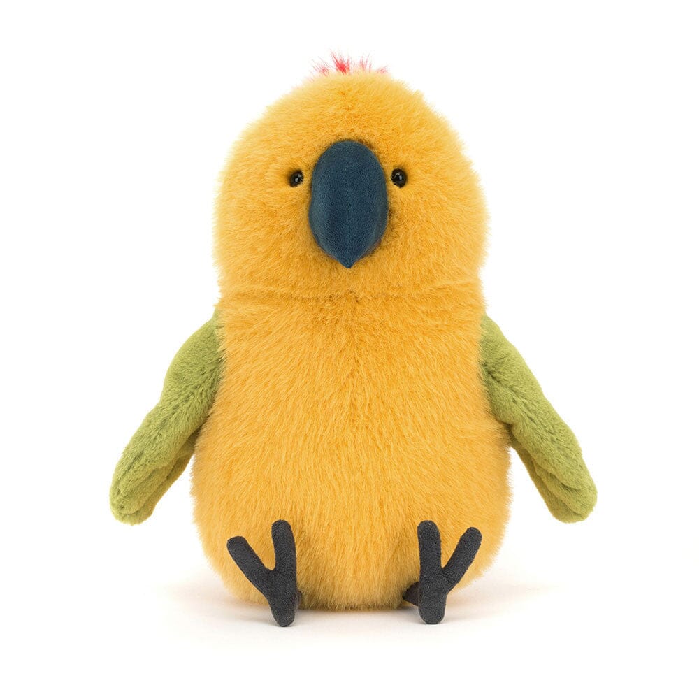 Yellow plush parrot toy with green wings on a white background