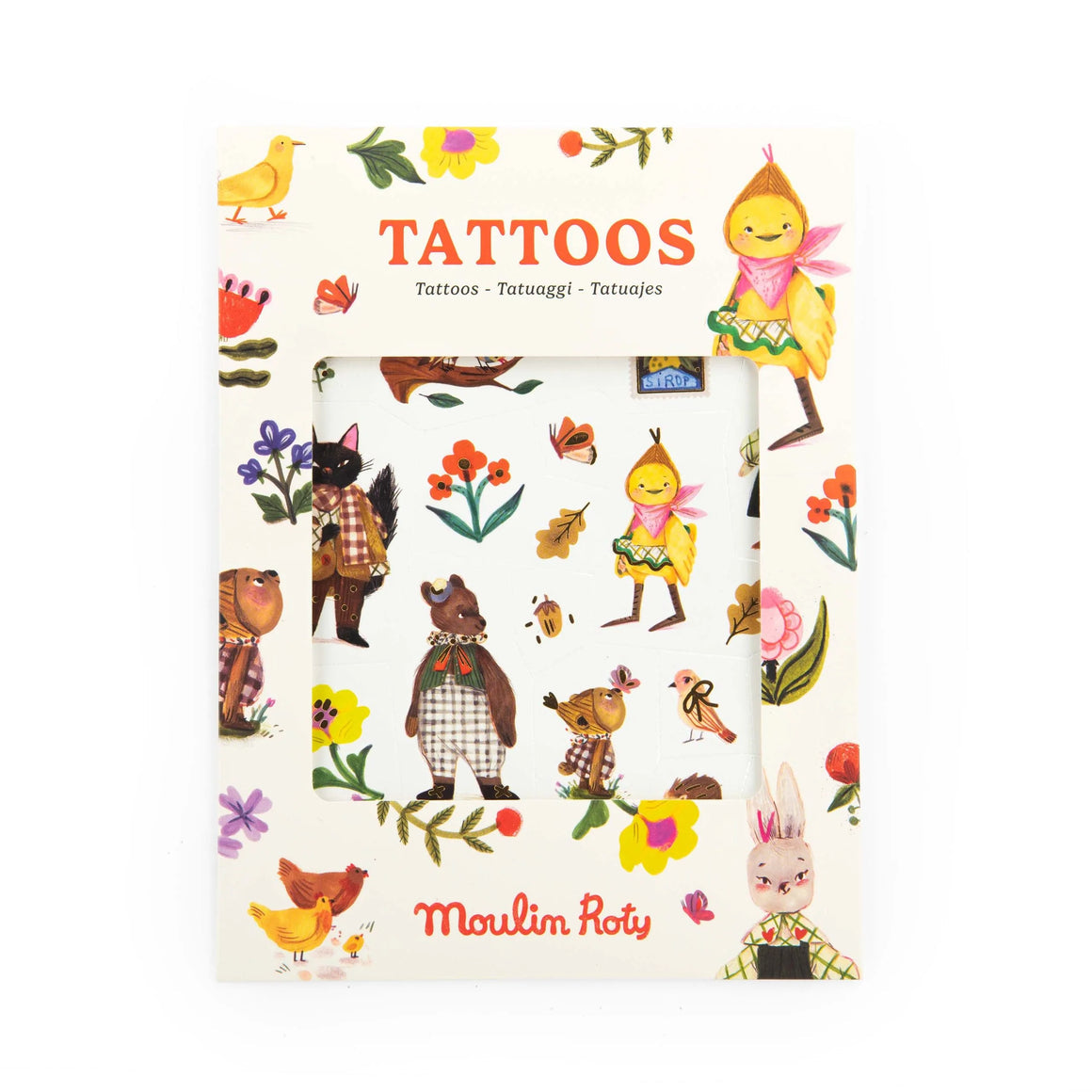 Pack of Moulin Roty tattoos with cartoon characters and flowers on a white background