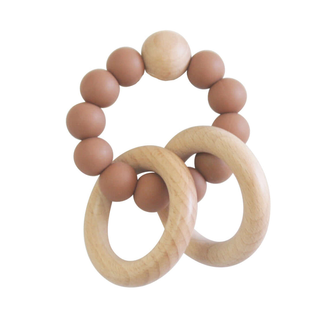 Wooden baby teething ring with brown beads on a white background
