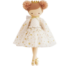 Doll in a white dress with gold stars and a crown on a white background