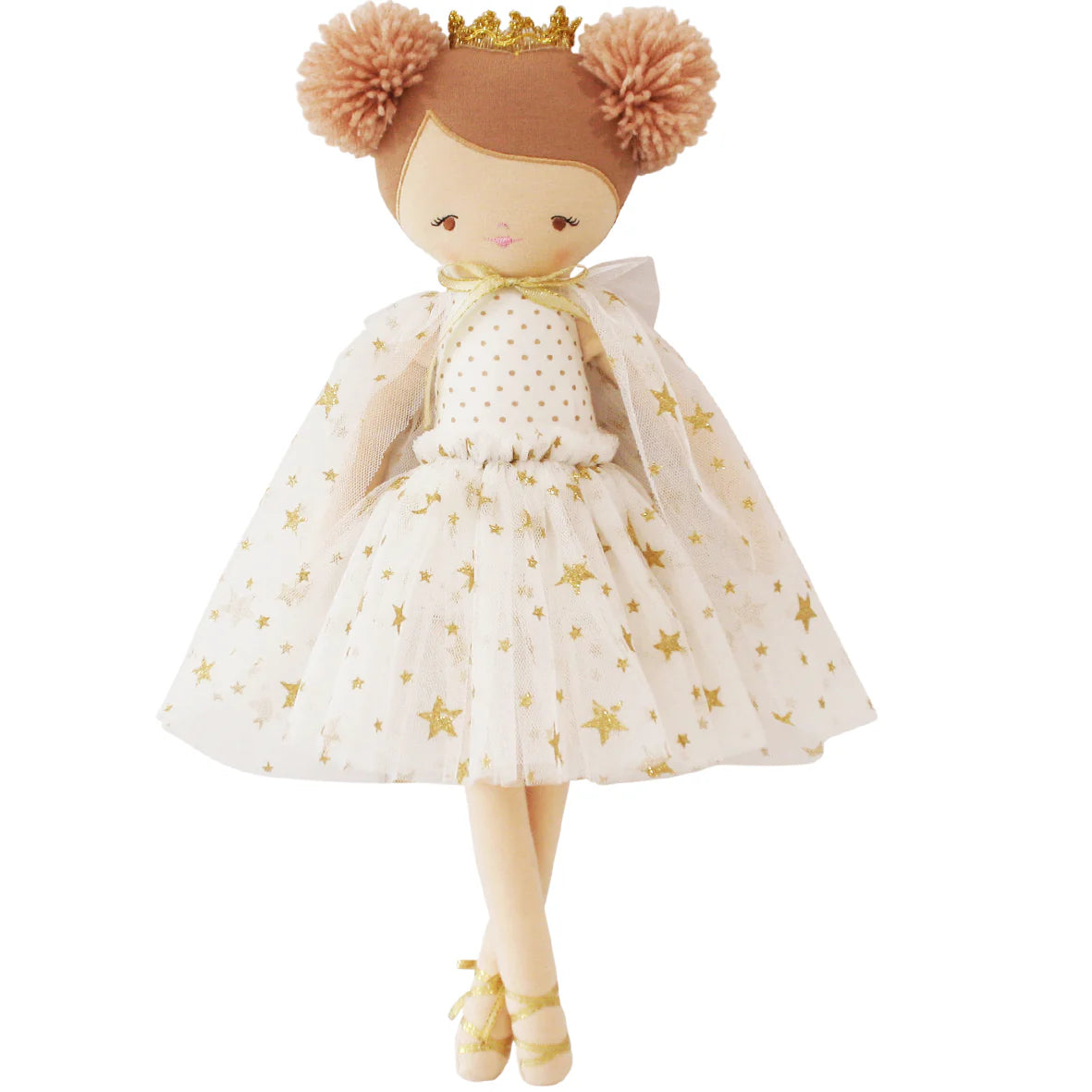 Doll with a white dress featuring gold stars, brown hair with pom-poms, and a gold crown on a white background.
