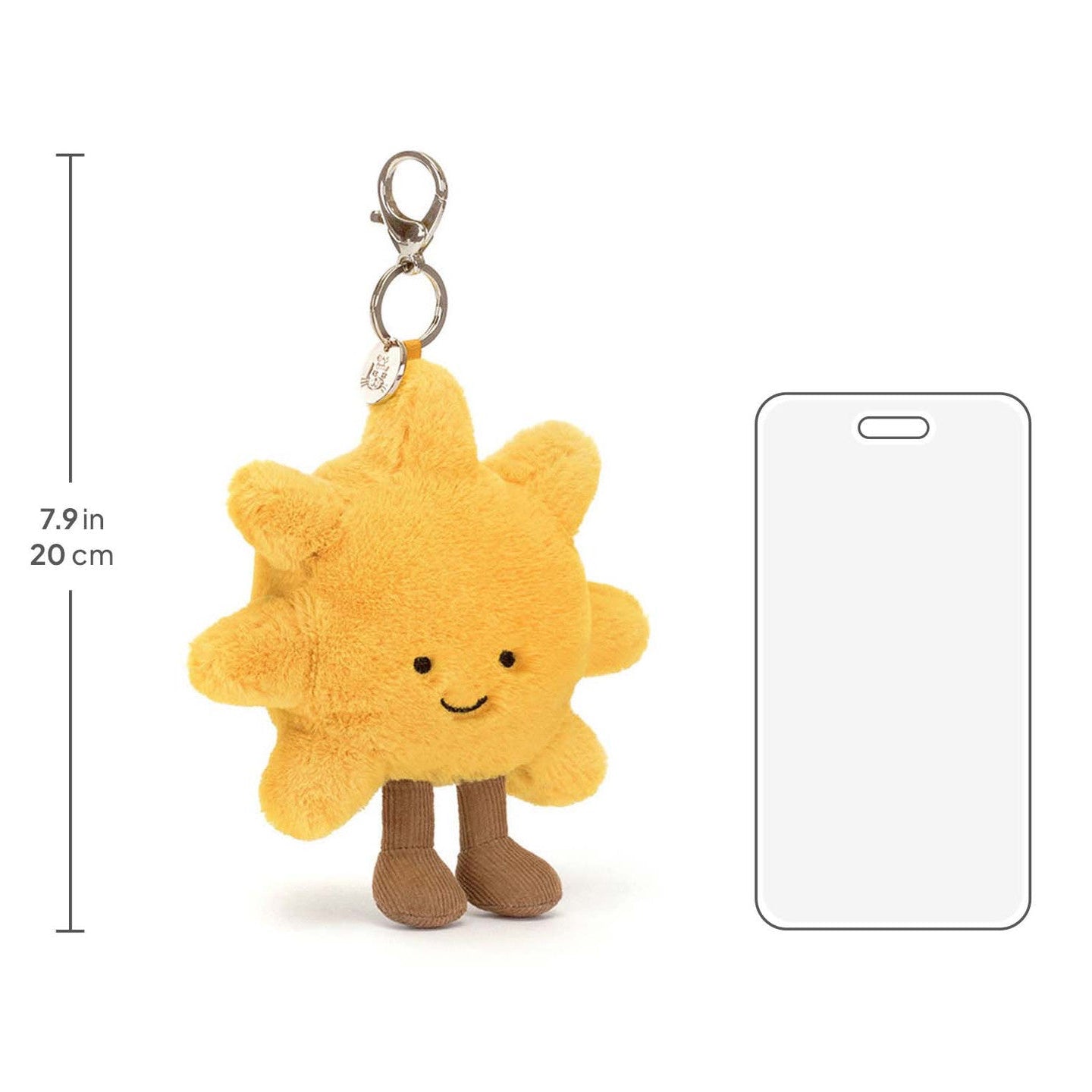 Jellycat-Plush sun-shaped keychain with dimensions on a white background