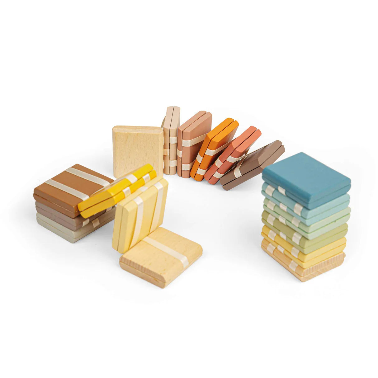 Colorful wooden Jacob’s Ladder toys  stacked and arranged on a white background