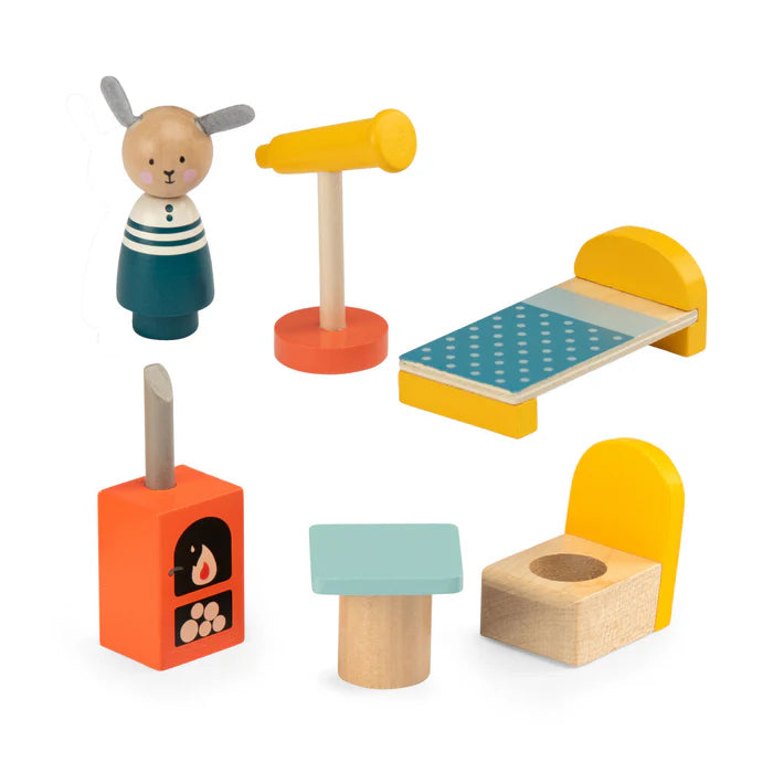 Set of wooden toys including a rabbit figure, telescope, and furniture on a white background