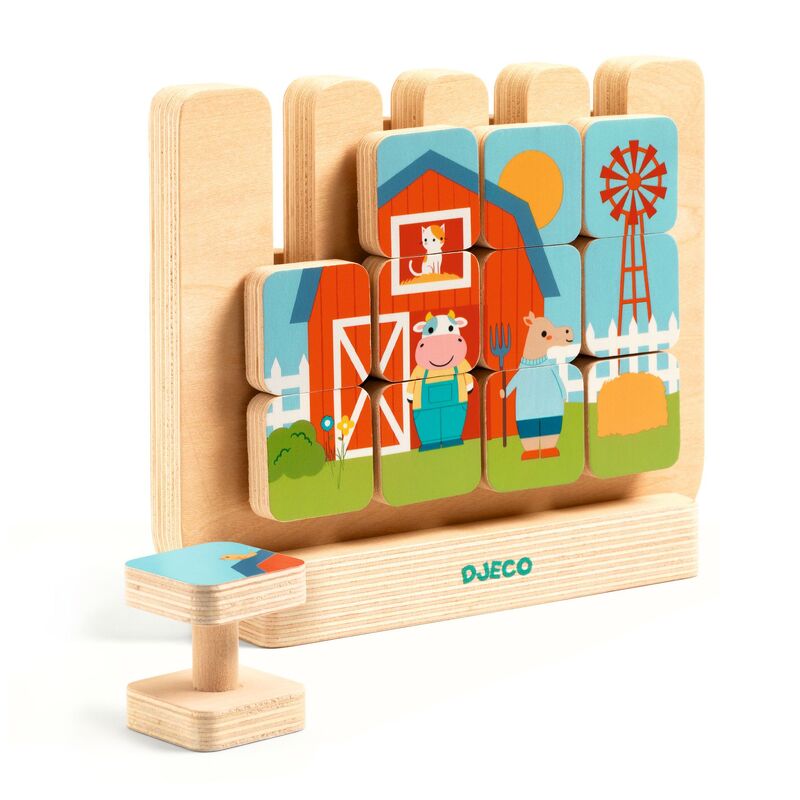 Wooden farm-themed puzzle with colorful illustrations on a white background