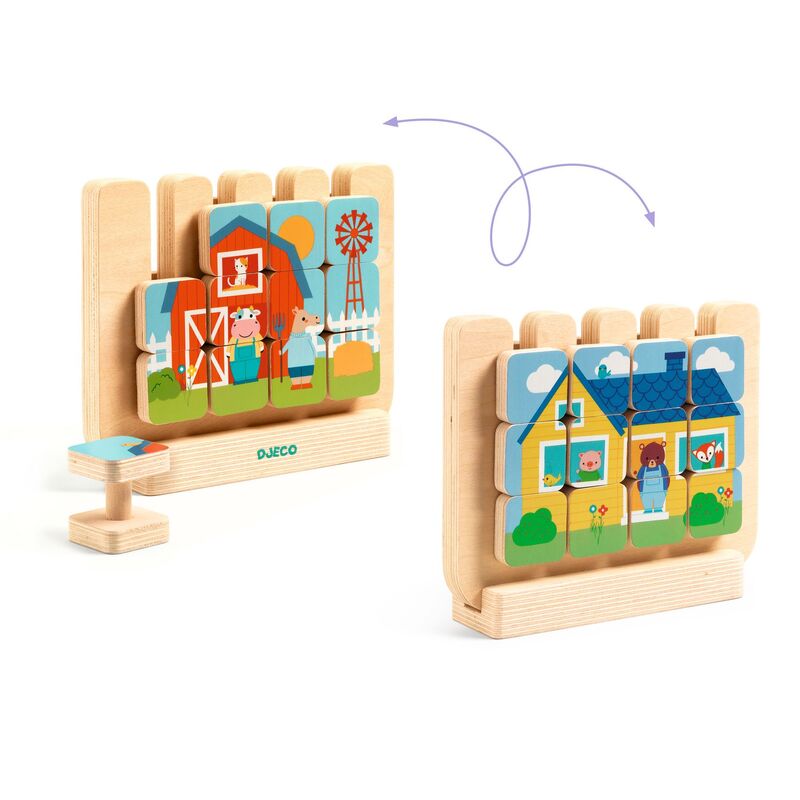Wooden puzzle with colorful scenes of a house and farm, featuring the brand 'DJECO'.