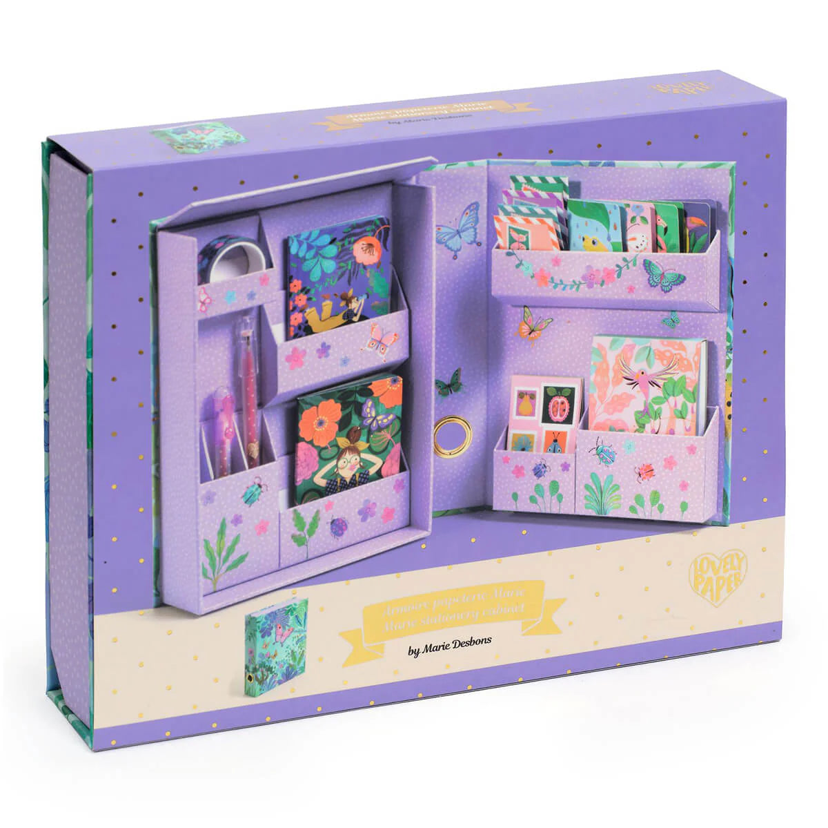 Purple stationery set with floral designs in an open box on a white background