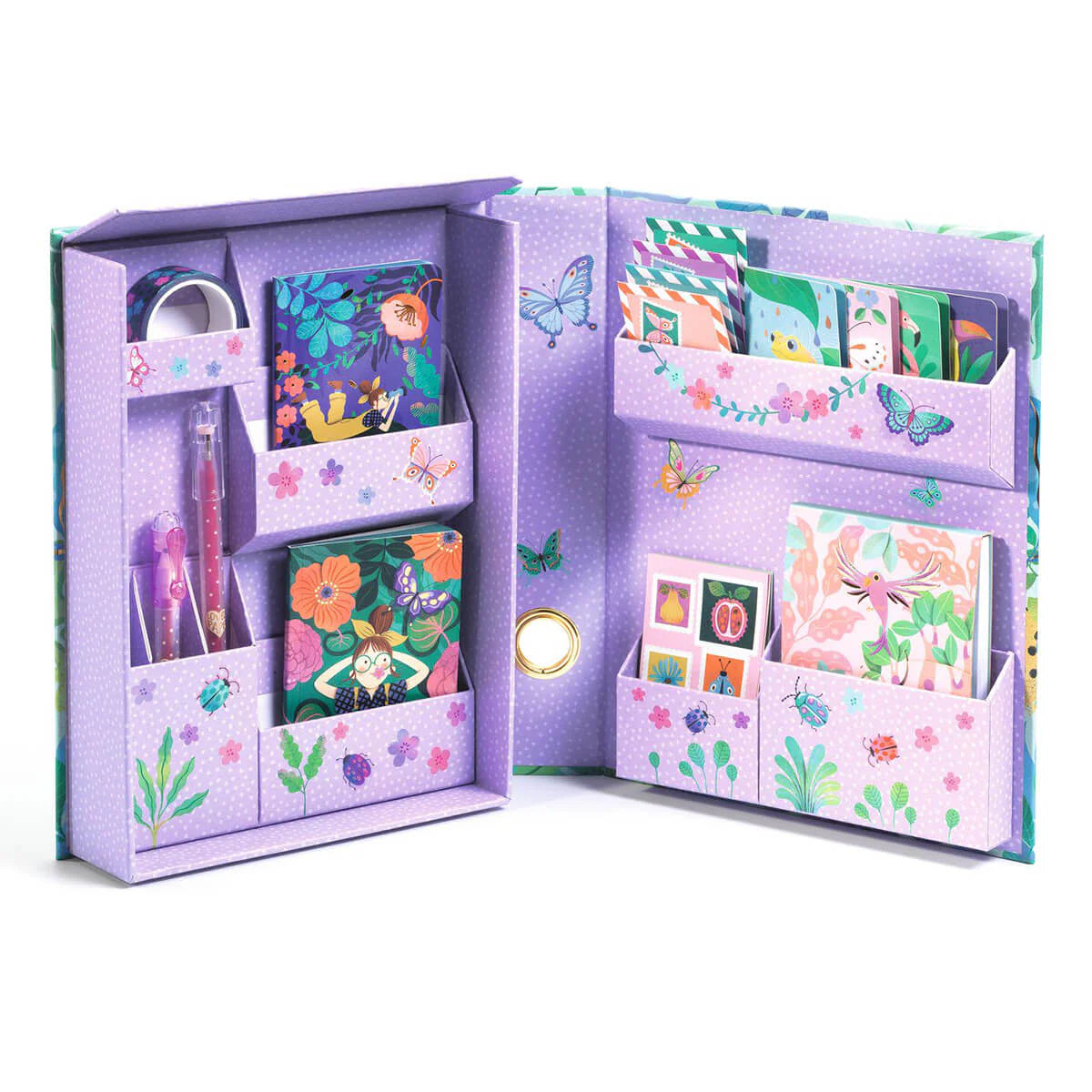 Open purple stationery set with floral and butterfly designs on a white background