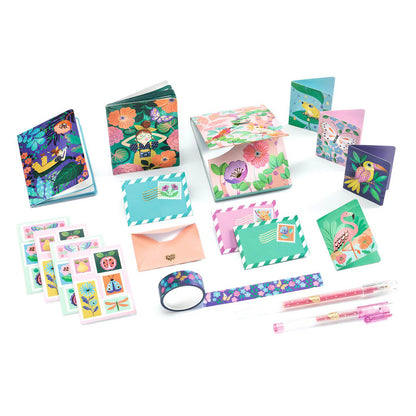 Assorted stationery items with floral and nature-themed designs on a white background
