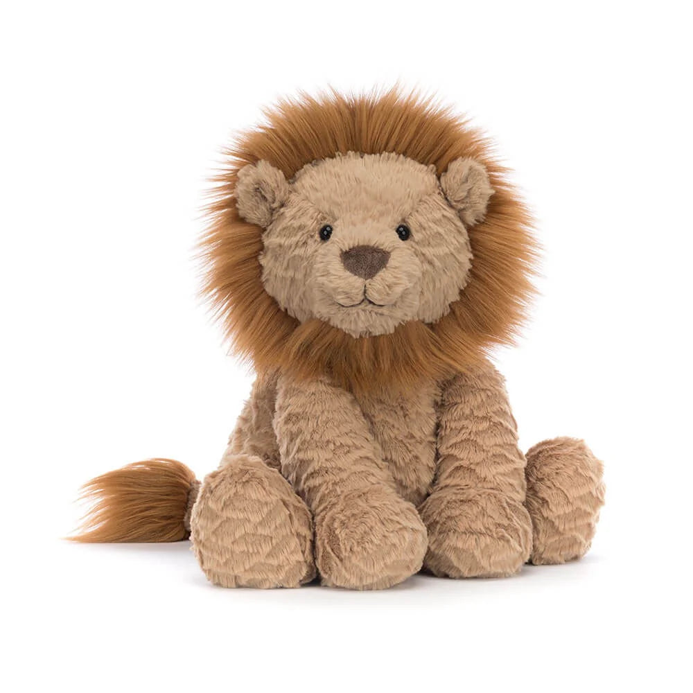 Stuffed lion toy with brown fur and mane on a white background