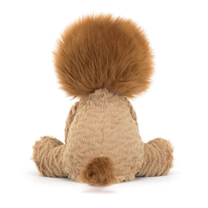 Back view of a plush toy resembling a lion with brown fur on a white background