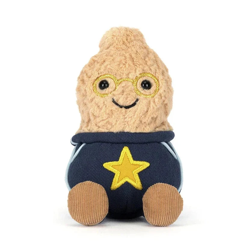 Jellycat plush toy resembling a peanut character with glasses and a yellow star on a white background