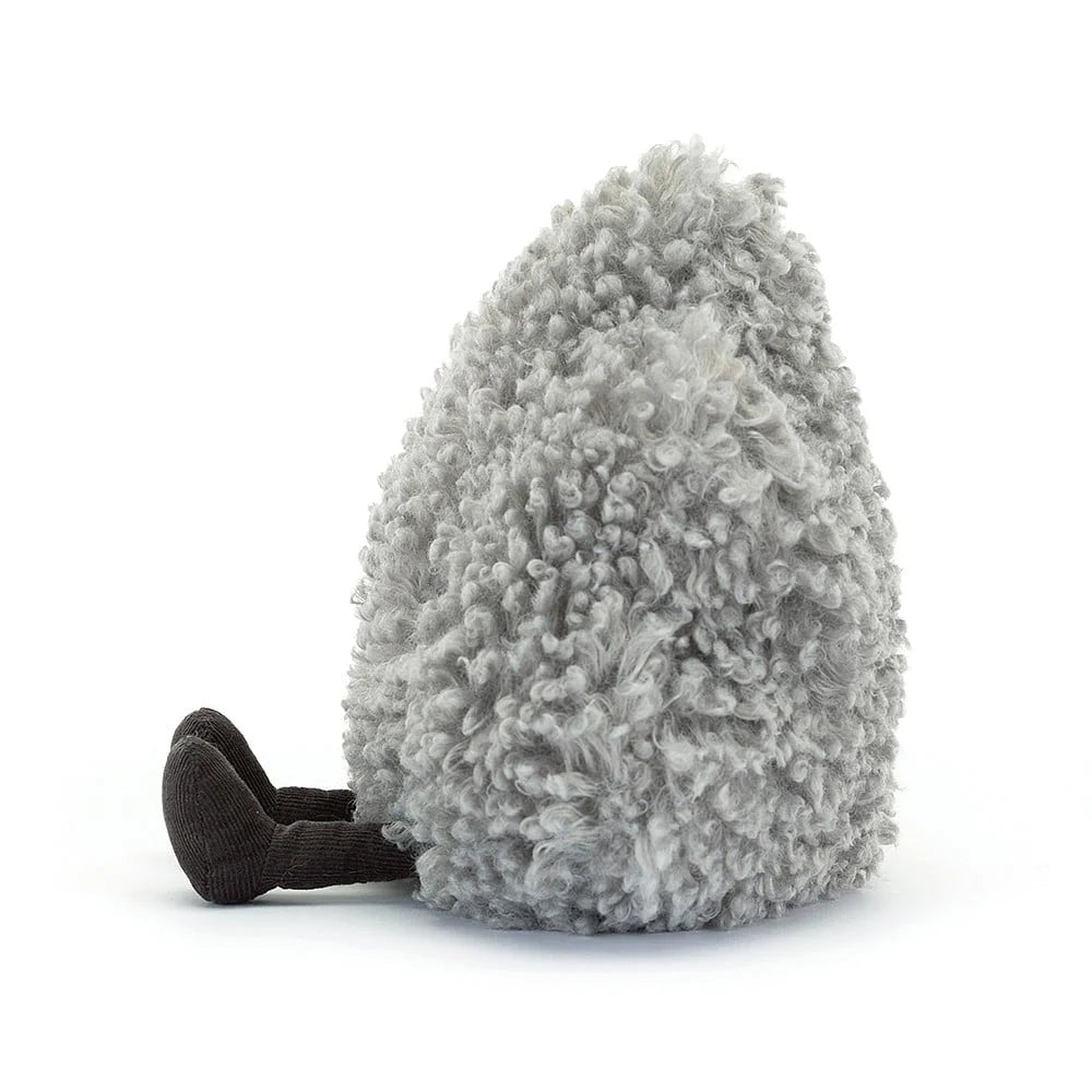 Plush toy resembling a grey storm cloud on a white background