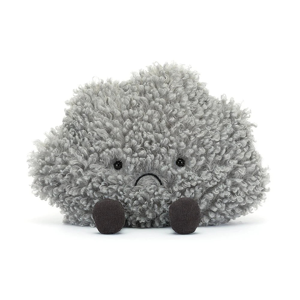 Plush toy resembling a grey storm cloud with a sad expression on a white background