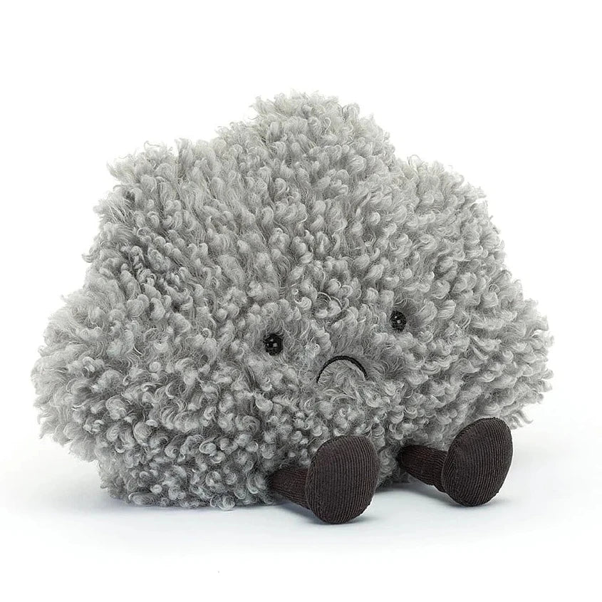 Plush toy resembling a grey storm cloud on a white background