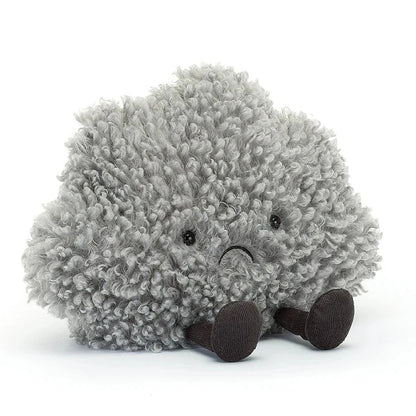 Plush toy resembling a grey storm cloud on a white background