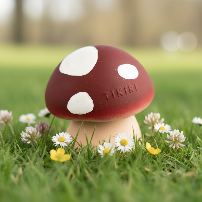 Red and white mushroom-shaped toy with 'Tikiri' branding on grass with flowers