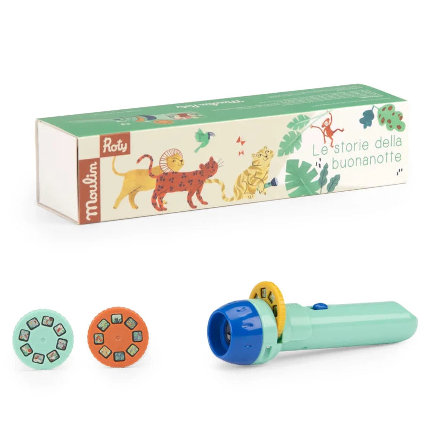 Toy flashlight with spinning disc and colorful packaging featuring animal illustrations on a white background