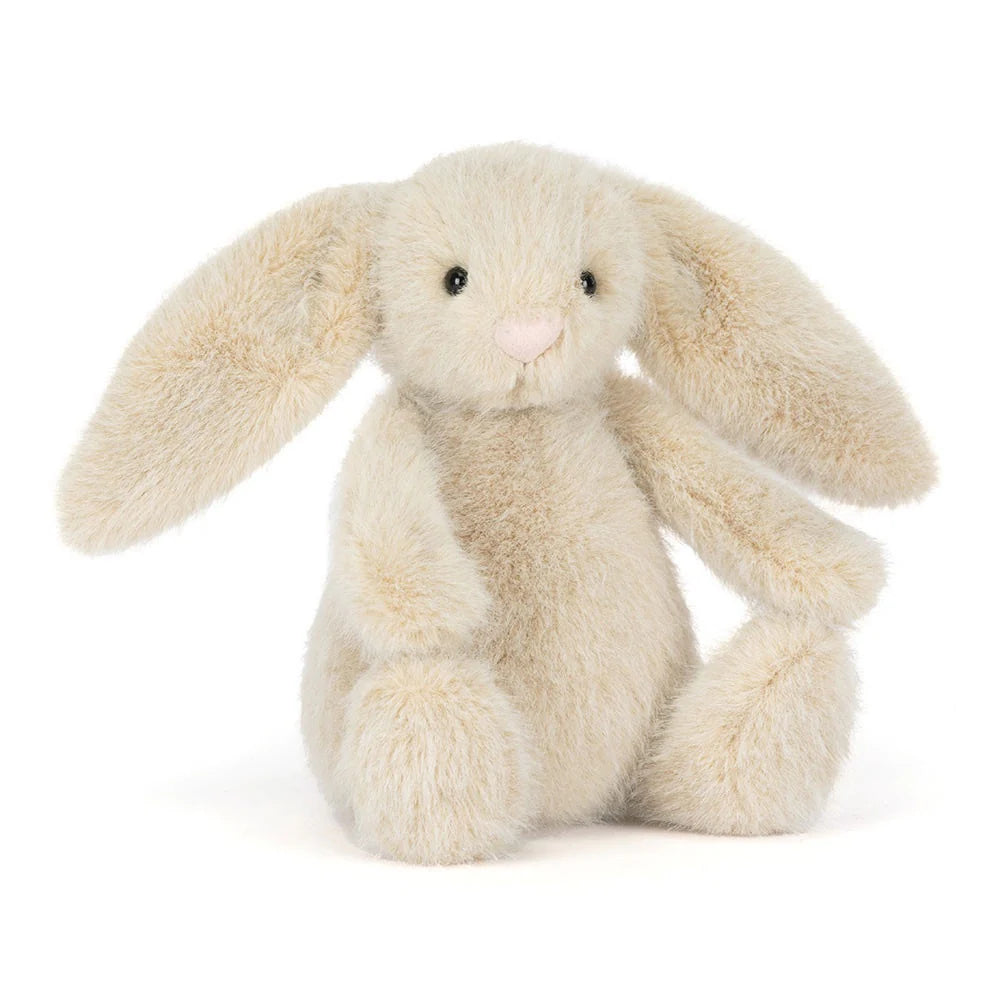 Plush bunny toy with beige and brown fur on a white background