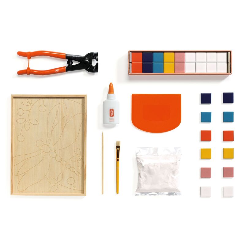 Set of craft supplies including a wooden panel, pliers, paint colors, and tools on a white background.