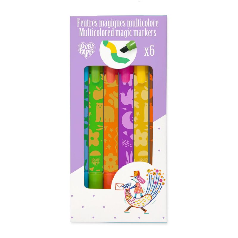 Pack of multicolored magic markers with a colorful packaging design on a white background.