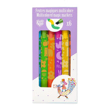 Pack of multicolored magic markers with a colorful packaging design on a white background.