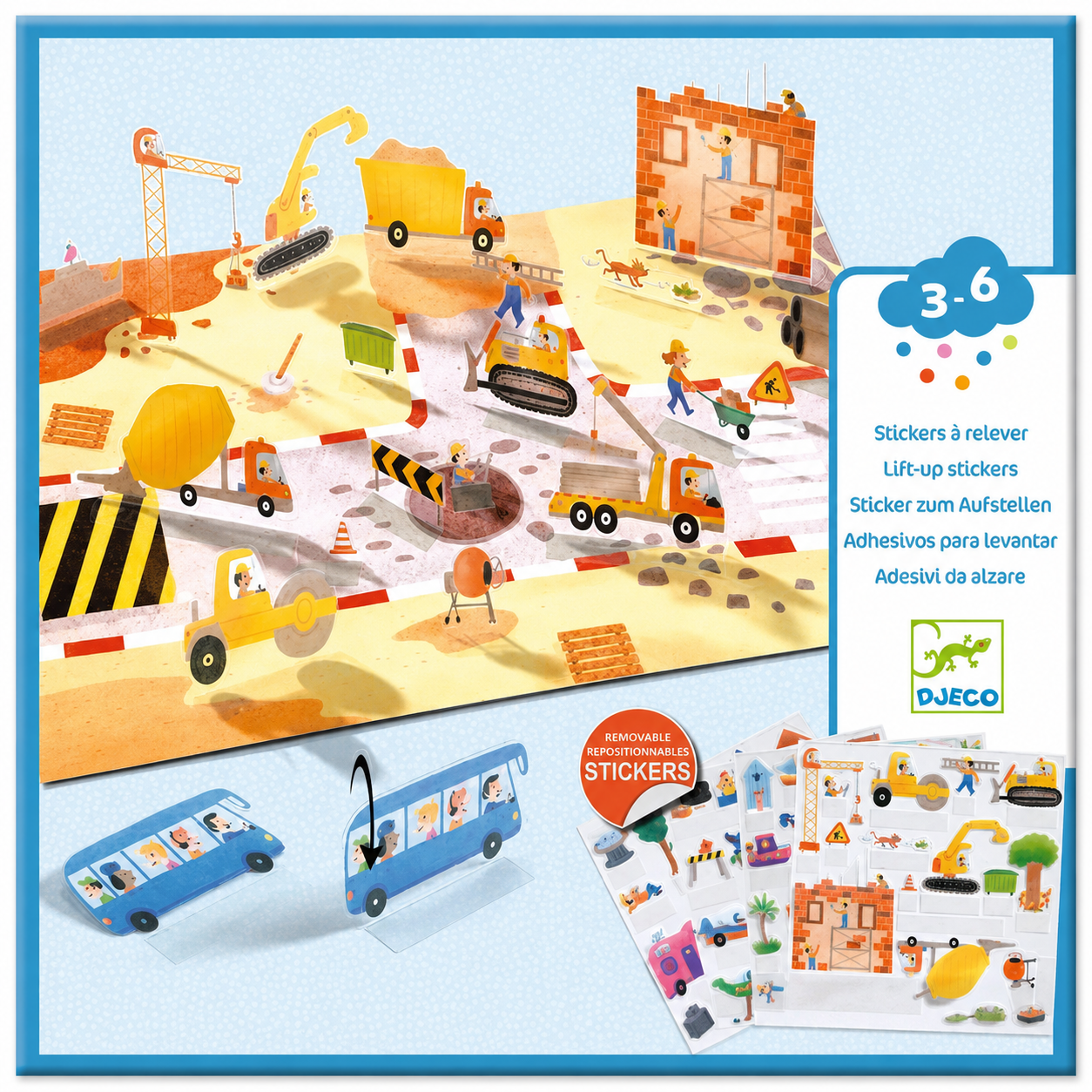 DJECO construction site lift-the-sticker activity board and blue bus stickers, shown with the assembled board, loose stickers, and a white product info panel on a light blue background.