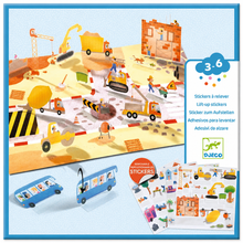 DJECO construction site lift-the-sticker activity board and blue bus stickers, shown with the assembled board, loose stickers, and a white product info panel on a light blue background.