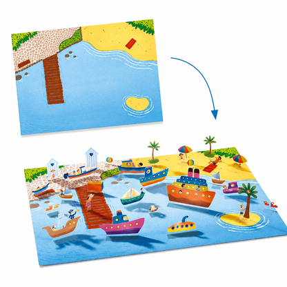 A children's beach-themed jigsaw puzzle shown assembled on a white background, with a smaller inset of the uncut puzzle pieces and a blue arrow indicating the assembly process.