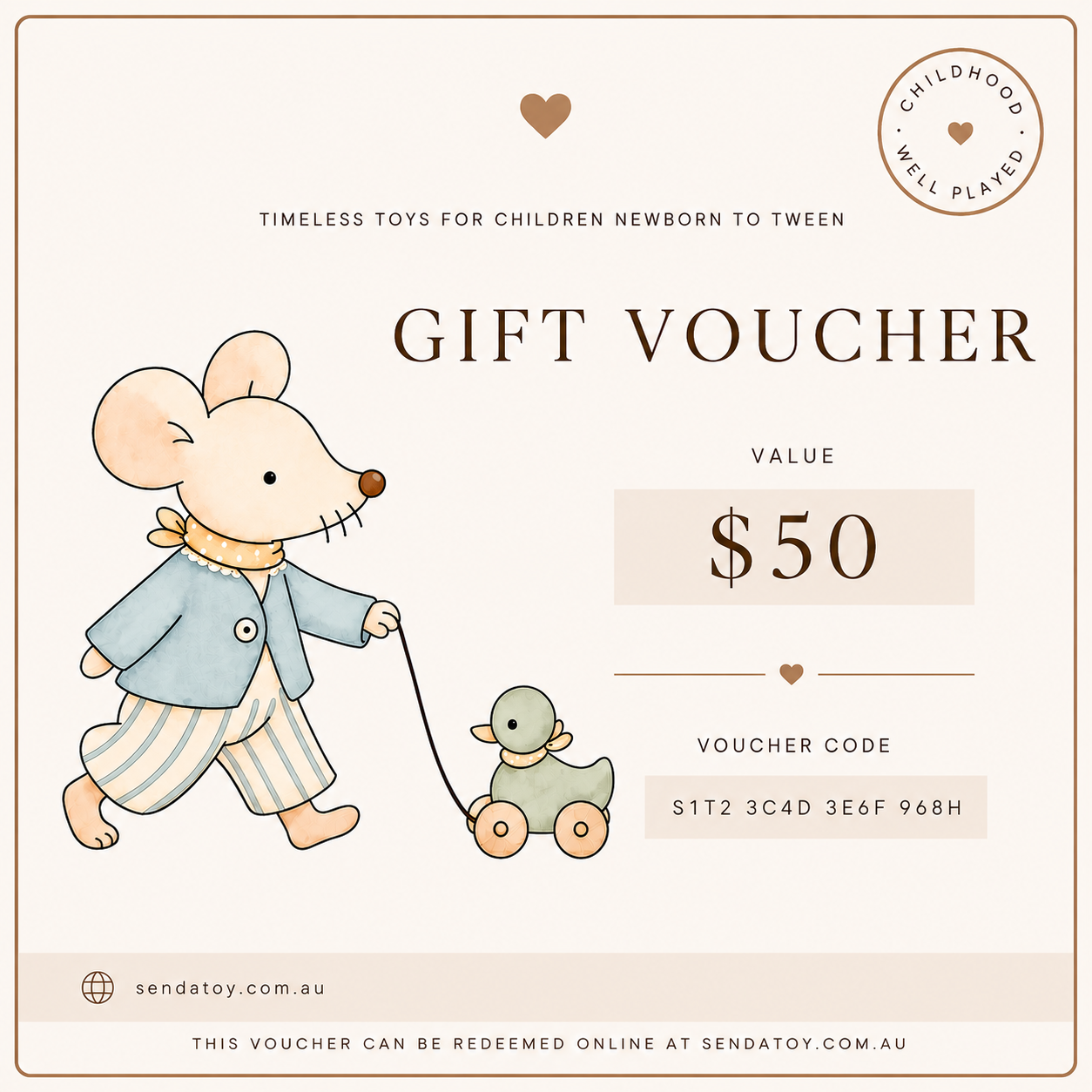 A 50 dollar gift voucher template featuring a cute cartoon mouse wearing a light blue cardigan and striped pajamas, pulling a small green toy duck. The design has a warm cream background with elegant brown typography and a 'Childhood Well Played' logo in the top right corner.