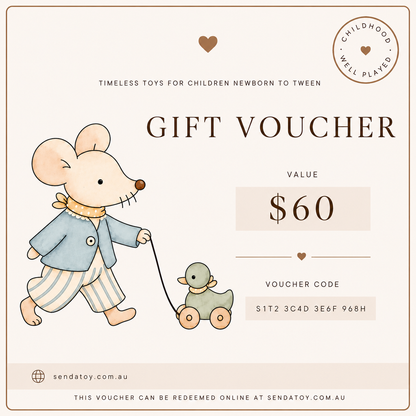 A children's gift voucher design with a cream background, brown text, and a cute mouse illustration pushing a small toy cart. The voucher reads 'GIFT VOUCHER', 'VALUE $60', and includes a redemption URL at sendatoy.