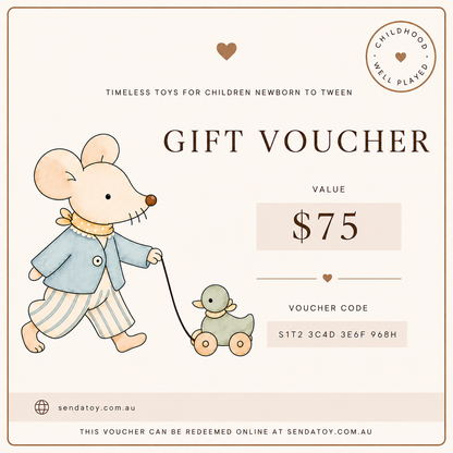 A square gift voucher design with a cream background and brown border. The text reads 'TIMELESS TOYS FOR CHILDREN NEWBORN TO TWEEN', 'GIFT VOUCHER', 'VALUE $75', and includes a voucher code.