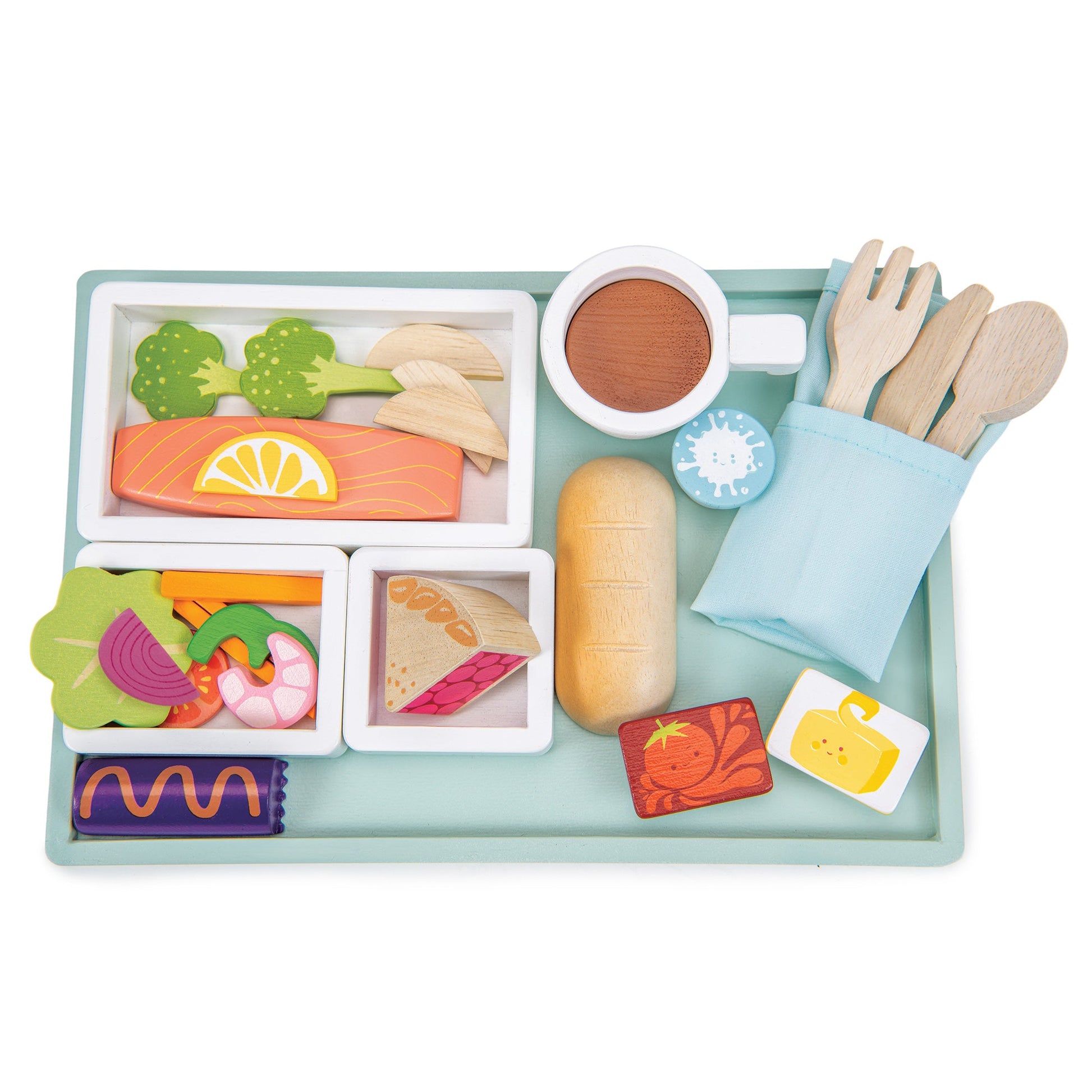 Wooden toy food set on a tray with utensils and napkin