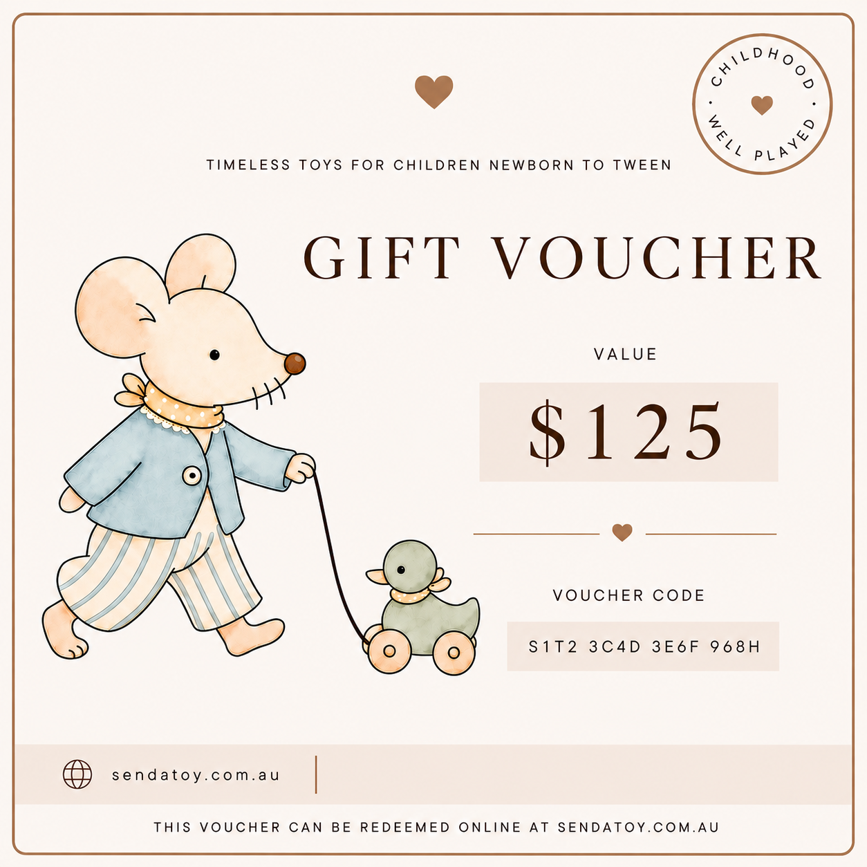 A gift voucher template featuring a cute cartoon mouse in a blue jacket and striped pants pulling a small green toy cart. The design includes text reading 'GIFT VOUCHER', 'VALUE $125', 'VOUCHER CODE S1T2 3C4D 3E6F 968H', and 'SENDATOY.