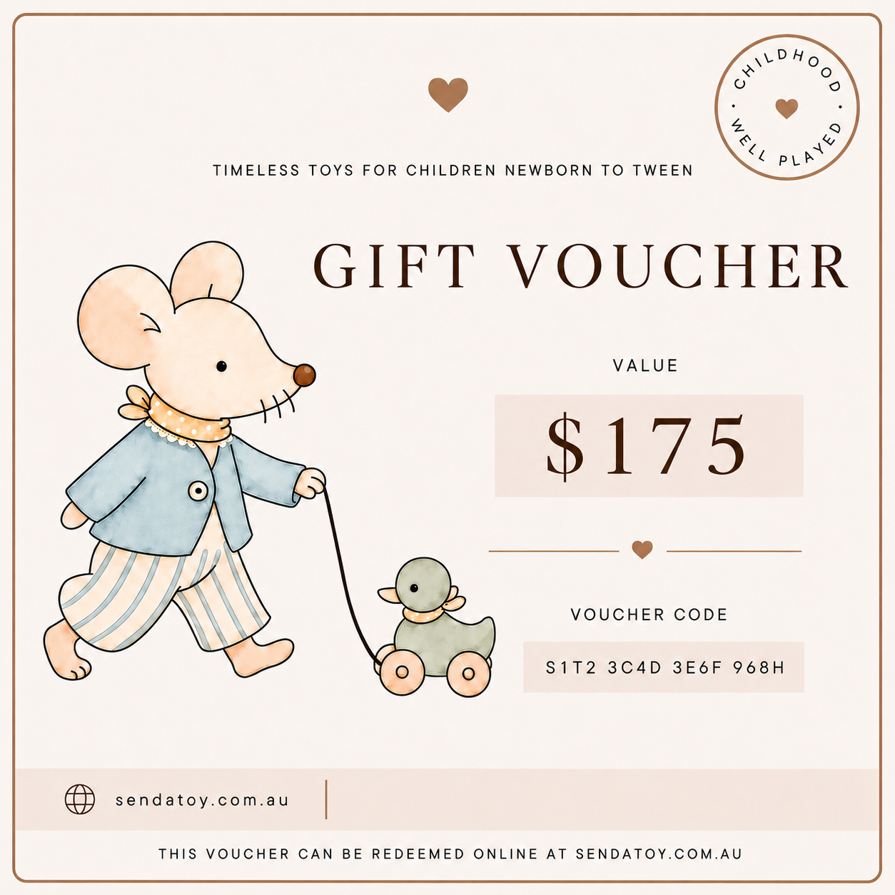 A gift voucher template featuring a cute watercolor illustration of a mouse in a blue jacket and striped pants pulling a small toy cart. The design includes text reading 'GIFT VOUCHER', 'VALUE $175', 'VOUCHER CODE S1T2 3C4D 3E6F 968H', and 'SENDATOY.
