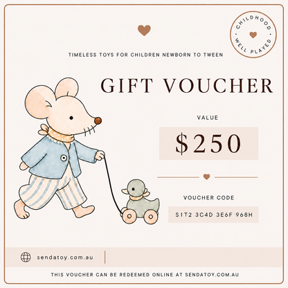 A gift voucher design for a children's toy, featuring an illustrated mouse in a blue outfit pulling a small gray toy cart. The text reads 'GIFT VOUCHER', 'VALUE $250', 'VOUCHER CODE S1T2 3C4D 3E6F 968H', and 'SENDATOY.