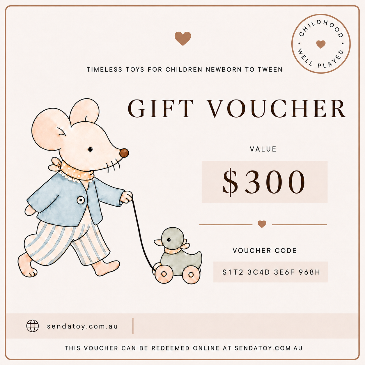 A $300 gift voucher template featuring a cute watercolor illustration of a mouse in a blue jacket pulling a small toy cart. The design has a warm cream background with brown text and border details, and includes the brand name 'sendatoy.