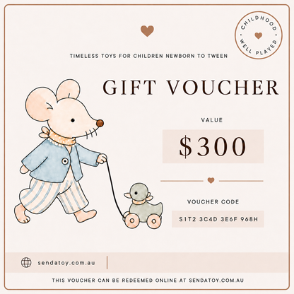 A $300 gift voucher template featuring a cute watercolor illustration of a mouse in a blue jacket pulling a small toy cart. The design has a warm cream background with brown text and border details, and includes the brand name 'sendatoy.