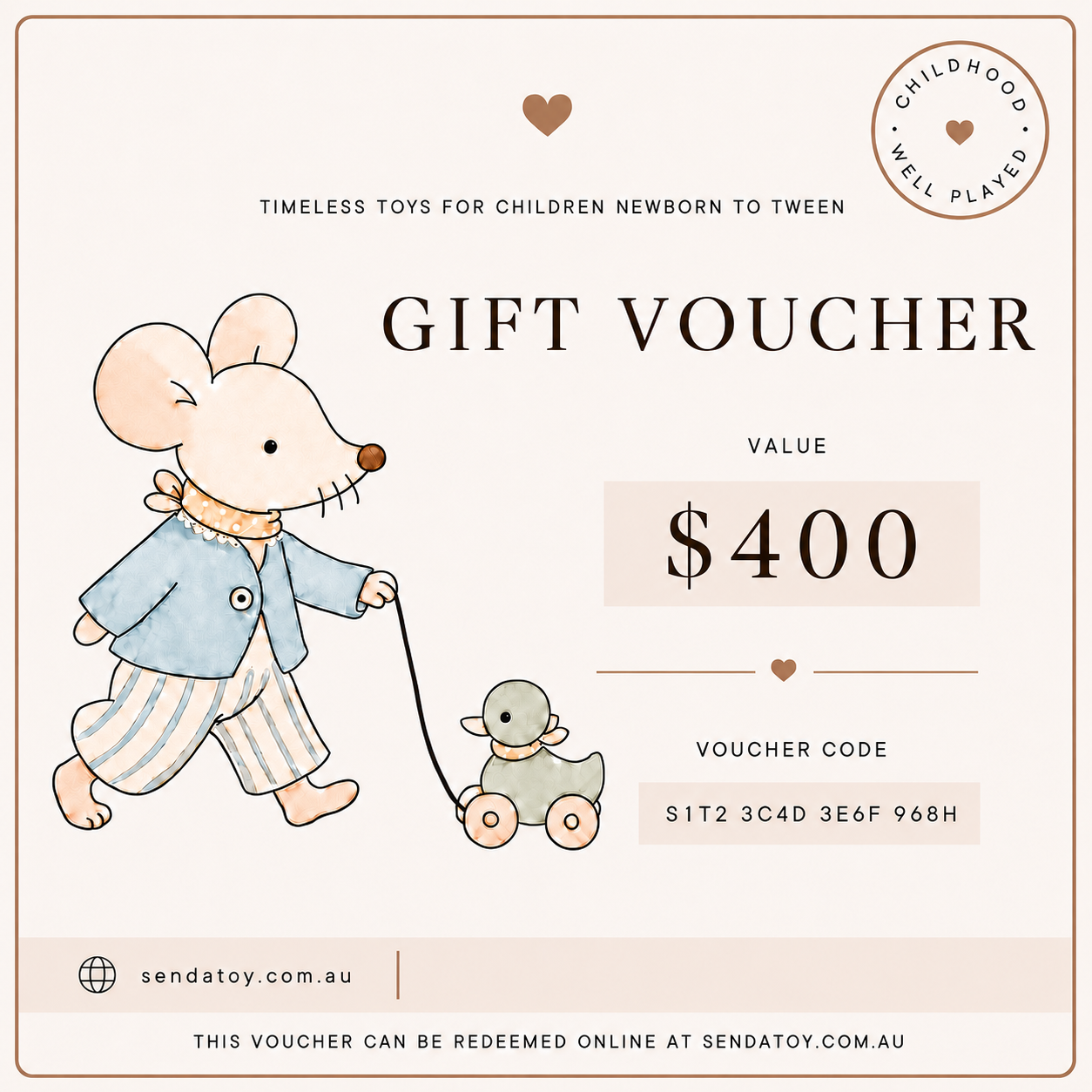 A gift voucher design for Sendatoy, featuring an illustration of a cute mouse in a blue jacket and striped pants pulling a small toy cart. The text reads 'TIMELESS TOYS FOR CHILDREN NEWBORN TO TWEEN', 'GIFT VOUCHER', 'VALUE $400', and includes the voucher code 'S1T2 3C4D 3E6F 9E8H'.