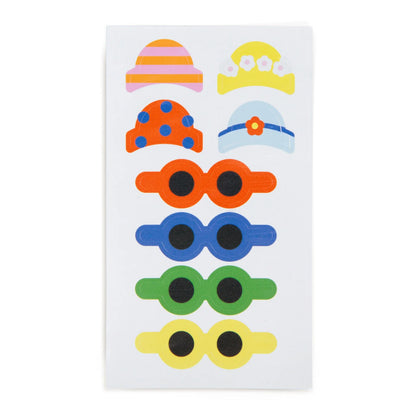 Sheet of stickers representing fun sunglasses and hats