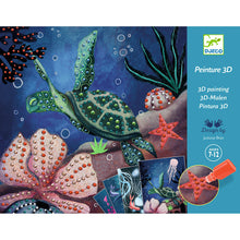 Packaging for Ocean 3D Painting activity which includes a brush and miniature paint bottles with applicator tips, depicting a 3D underwater scene with a turtle and coral.