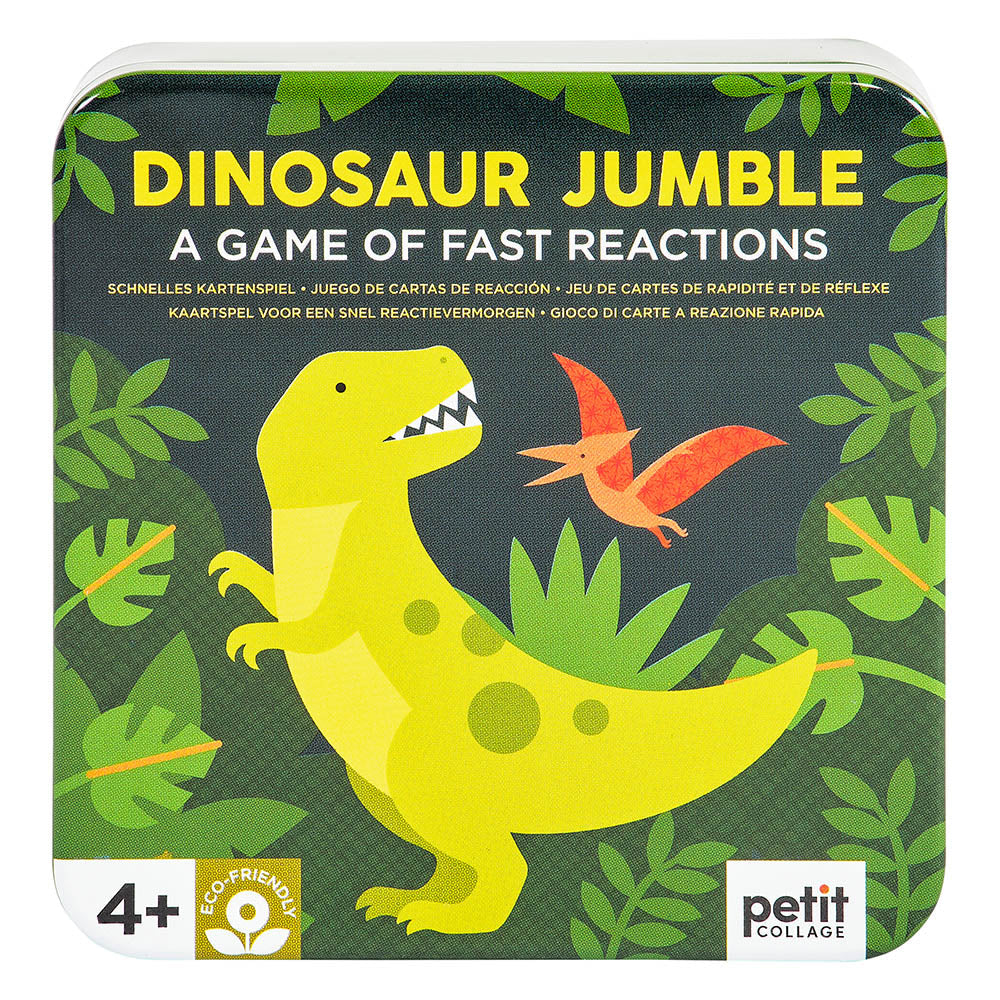A colorful dinosaur-themed card game titled 'Dinosaur Jumble' designed by Petit Collage, suitable for ages 4+.