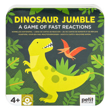 A colorful dinosaur-themed card game titled 'Dinosaur Jumble' designed by Petit Collage, suitable for ages 4+.