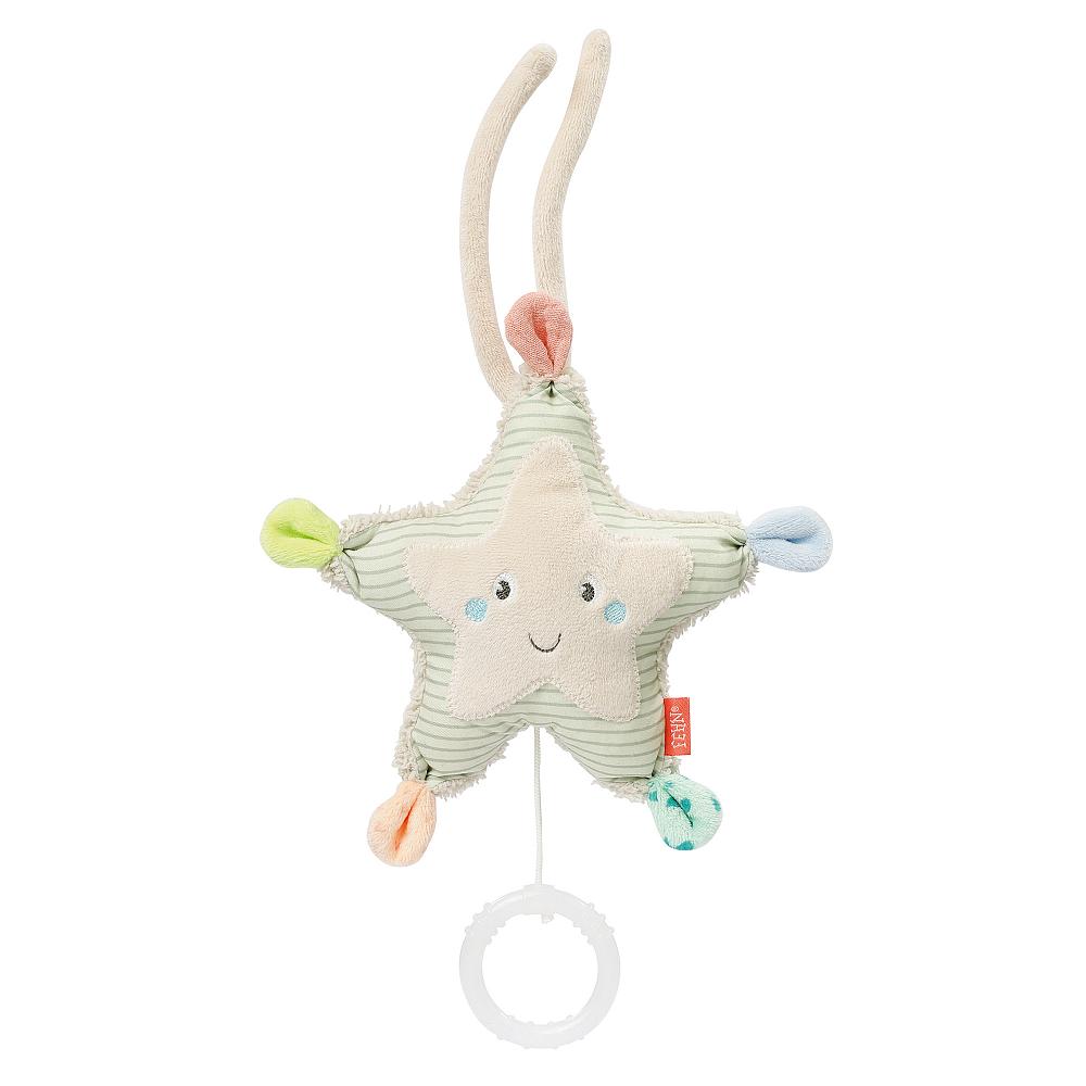 A small plush starfish musical toy with different colored limbs and a smiling face, designed for babies.