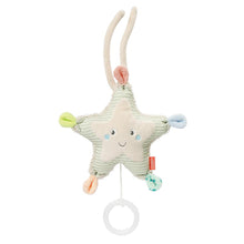 A small plush starfish musical toy with different colored limbs and a smiling face, designed for babies.