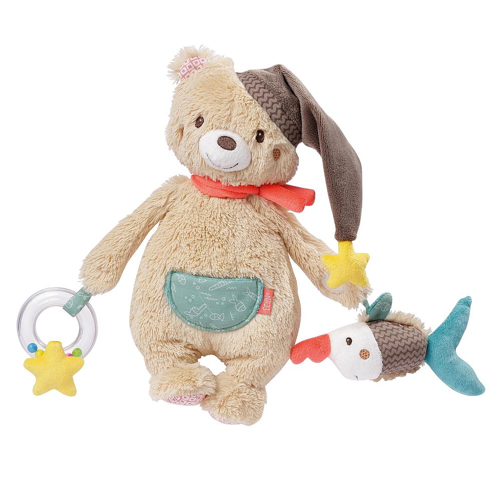 A plush toy resembling a bear with a nightcap, hanging straps, and additional playful elements such as a sawfish rattle and a rattle ring.