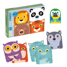 A colorful box packaging of a toddler card game with illustrations of animal face cards spilling out. The animals include a lion, panda, parrot, monkey, and more.